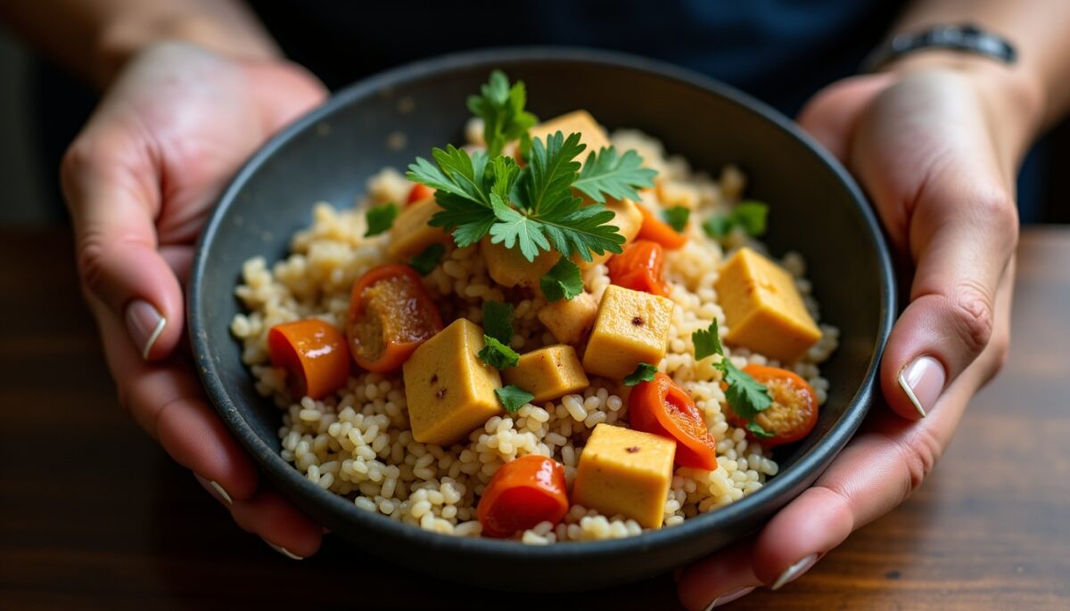 Délicieux bol énergisant : riz, tofu croustillant et légumes sautés gourmands