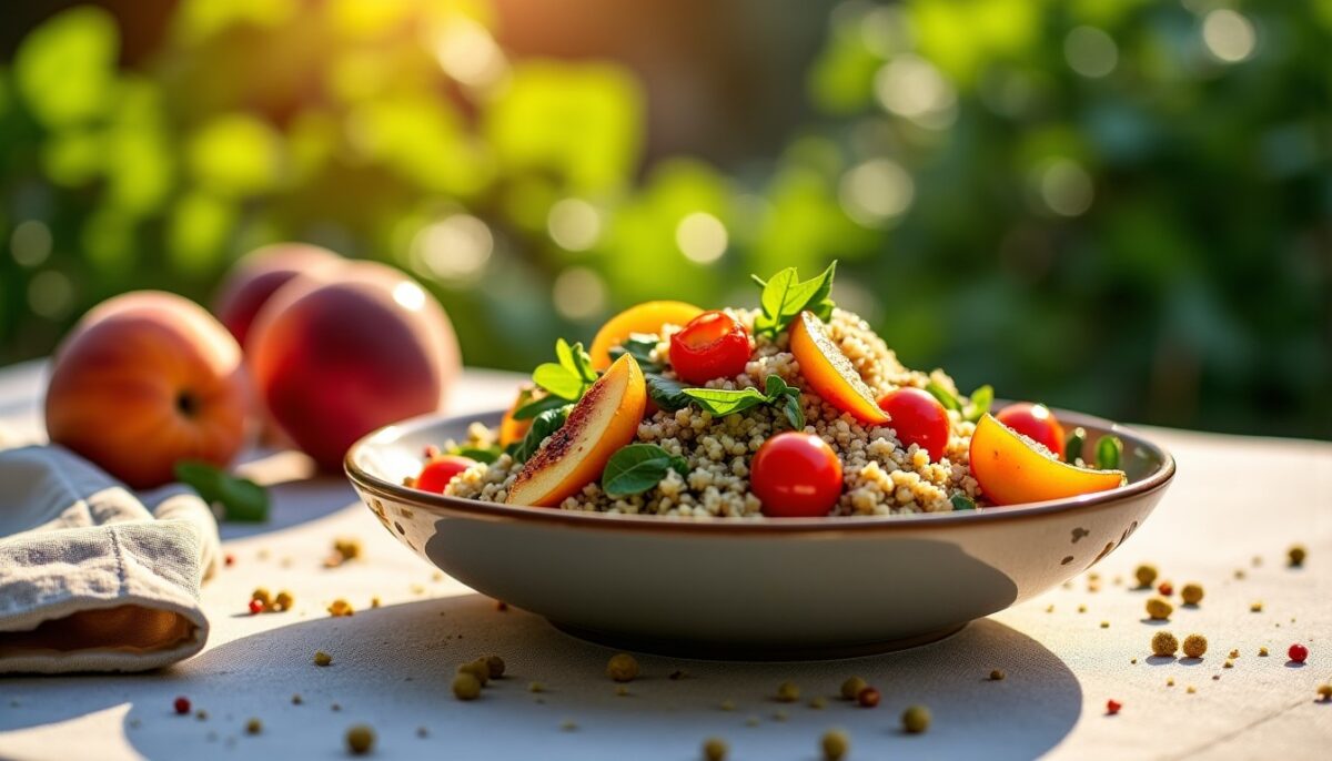 Découvrez en vidéo la salade protéinée gourmande au quinoa et pêches rôties