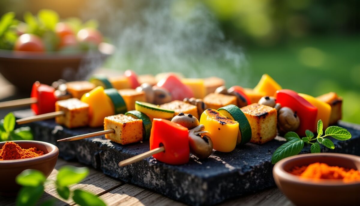 Délicieuses brochettes épicées de légumes et tofu : un festin coloré et sain